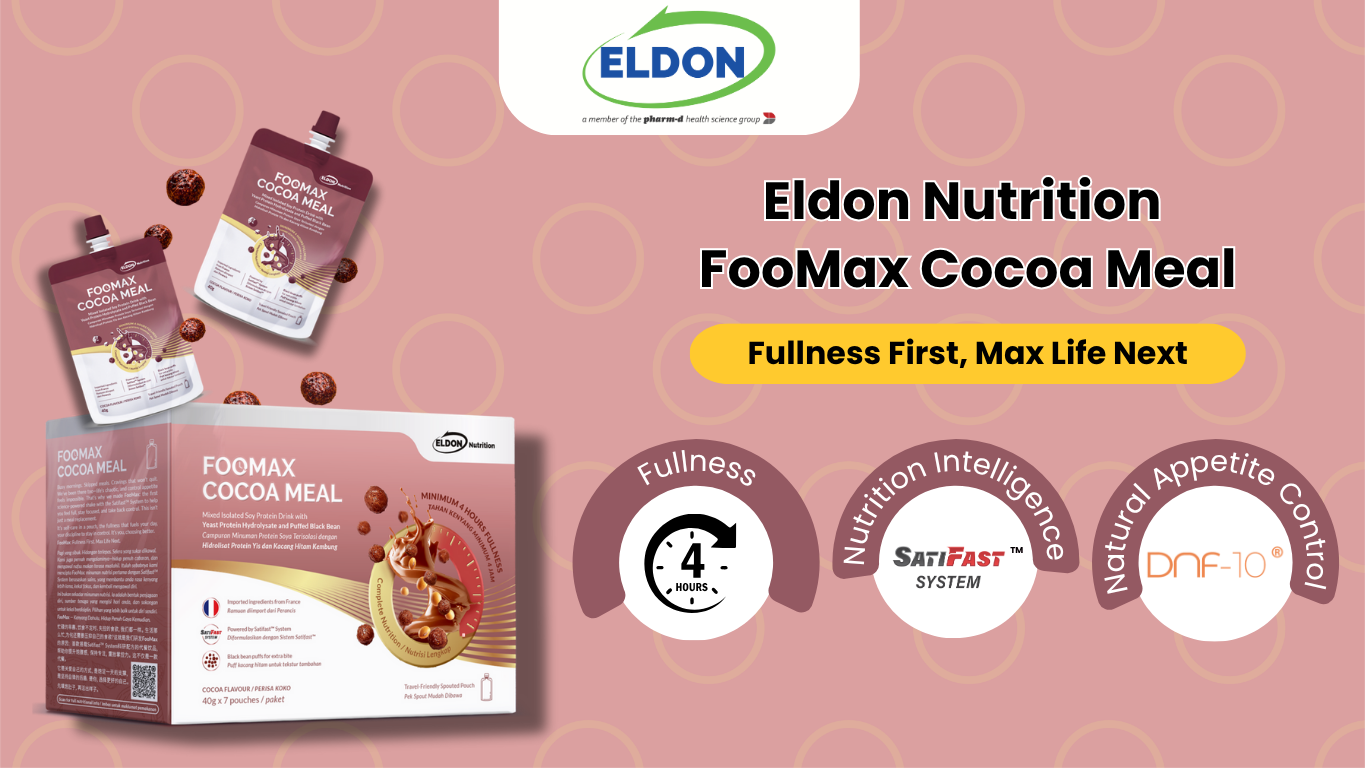 Eldon Nutrition FooMax Cocoa Meal Replacement powered by Nutrition Intelligence Satisfast system, appetite control by dnf-10 yeast protein hydrolase and easy prepare in 30s second and provide 4 hours fullness