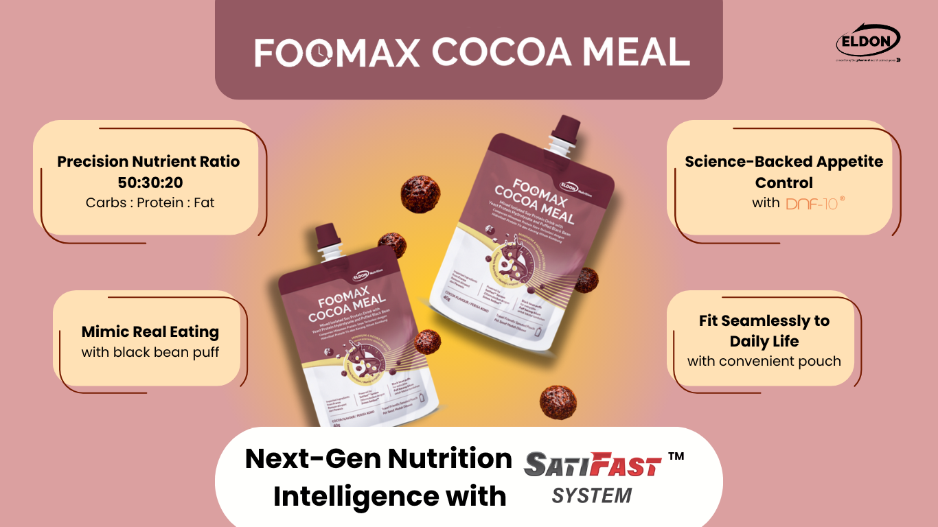 Eldon Nutrition FooMax Cocoa Meal Replacement powered by nutrition intelligence Satisfast with Precision Nutrient Ratio 50 carbs : 30 protein : 20 Fat. Mimic Real Eating with black bean puff, Science-Backed Appetite Control DNF-10 yeast protein hydrolase, Fit Seamlessly to Daily Life with convenient pouch