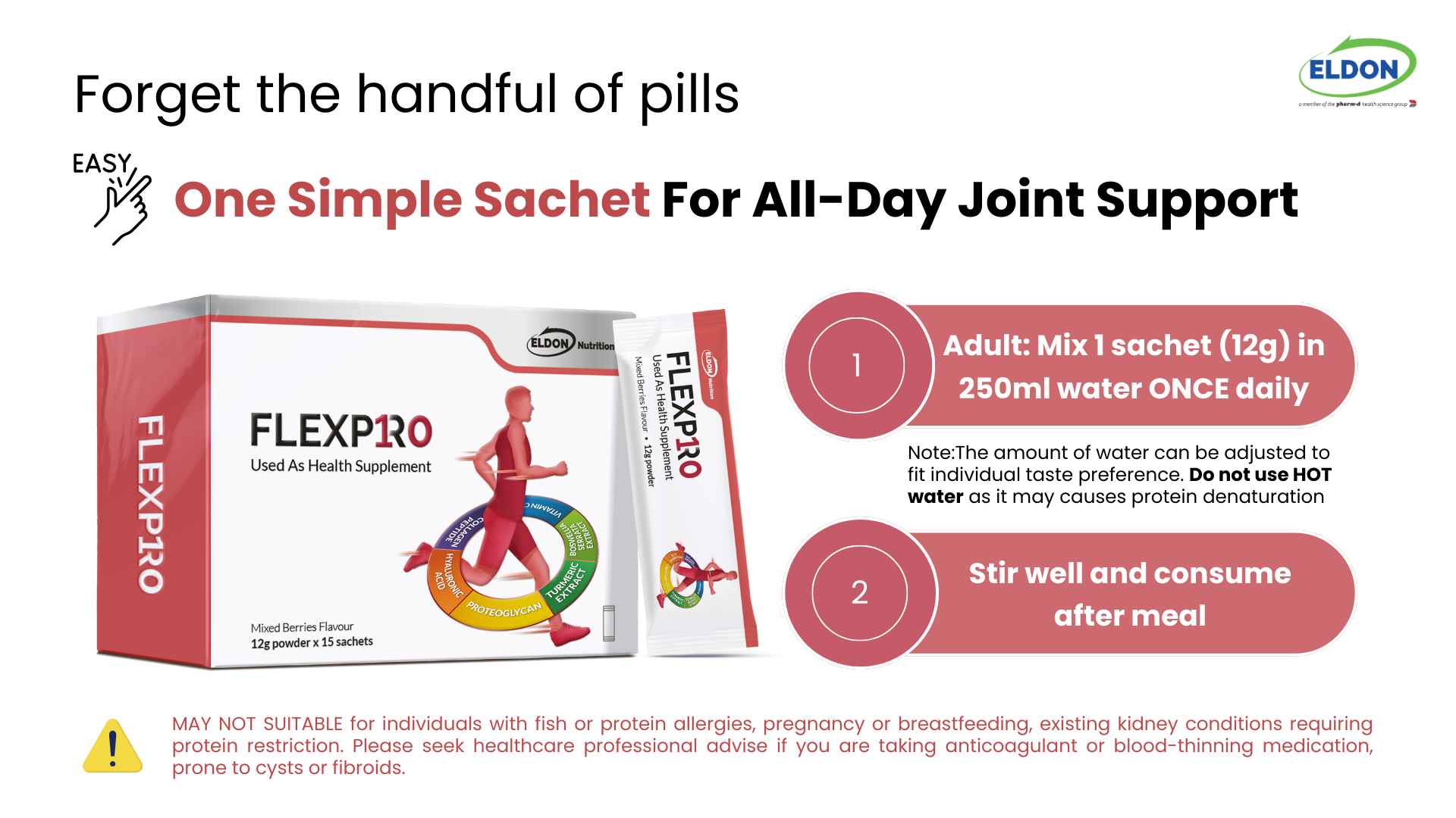 Flexpro powder comes in sachet form, no more pill fatigue, just mix and sip, and on motion again