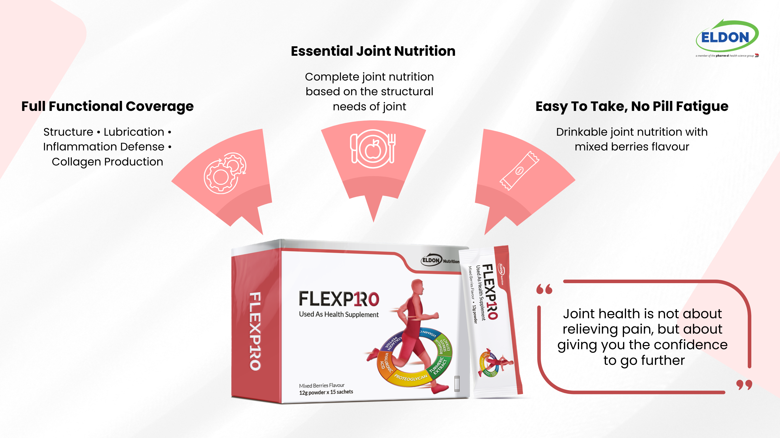 Flexpro powder offers a complete joint support system, providing essential joint nutrition, full functional coverage and easy to take sachet form